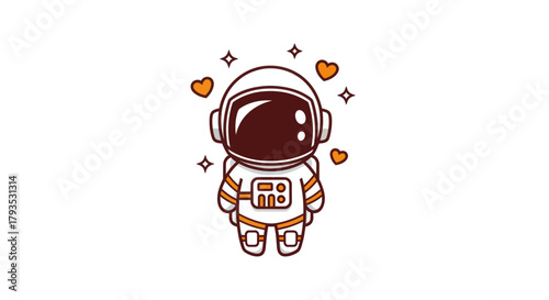 Cartoon astronaut illustration with hearts and stars on white background