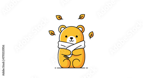 Cartoon bear with scarf and falling leaves isolated on white background