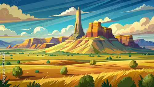 Very beautiful view of Chimney Rock National Historic Site in western Nebraska, USA, featuring the iconic towering rock formation rising from the plains, surrounded by wide open landscapes and golden 