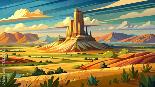 Very beautiful view of Chimney Rock National Historic Site in western Nebraska, USA, featuring the iconic towering rock formation rising from the plains, surrounded by wide open landscapes and golden 