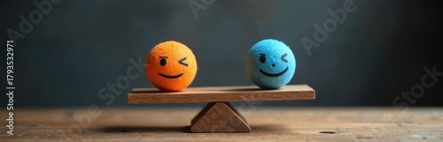Two winking faces balance on scales. Orange, blue spheres represent positive sentiment assessment. Emotions balance. Image for AI based feedback evaluation, opinion research. Business uses sentiment © miss irine