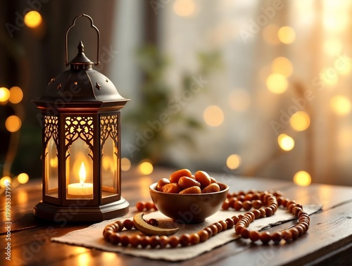 Ramadan Lantern and Dates Still Life — Islamic Holiday Decoration, No People
