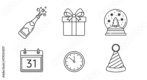 New Year celebration icons including champagne, clock, and gift  