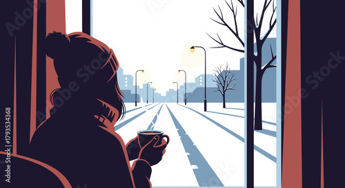 Woman enjoying a warm drink while gazing at snowy street outside  