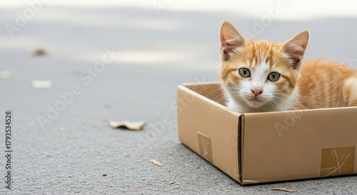Fototapeta Naklejka Na Ścianę i Meble -  Orange kitten resting in cardboard box on asphalt surface  