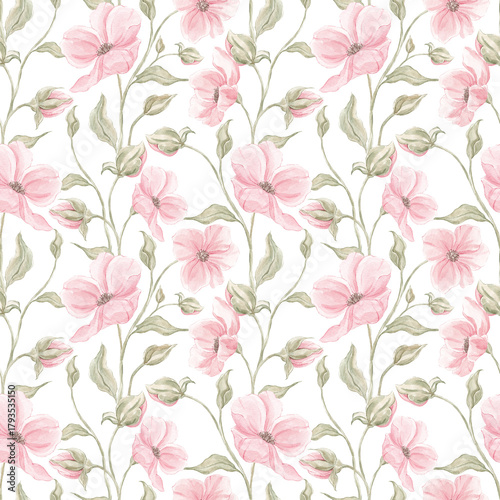 Watercolor pink romantic flowers. Seamless floral pattern. Watercolor texture. Home textile. Print for fabric. Pink flowers, spring, summer. Wallpaper for home. Blooming background.