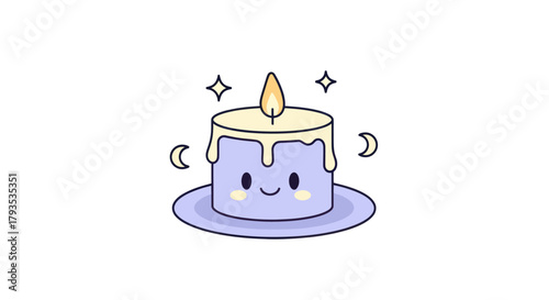 Cartoon candle illustration with smiling face stars and moon elements