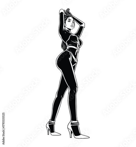 Black and white high-contrast vector illustration of a sexy woman posing in a tight catsuit and high heels