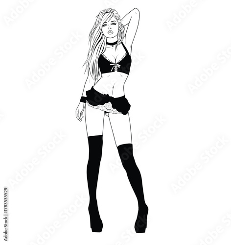 Black and white line art vector illustration of a sexy woman posing in lingerie and thigh-high stockings