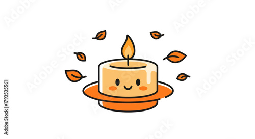 Cartoon candle with smiling face and falling leaves against white background