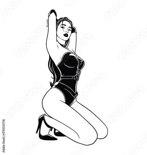 Black and white vector illustration of a sexy pin-up woman kneeling in a harness bodysuit and high heels