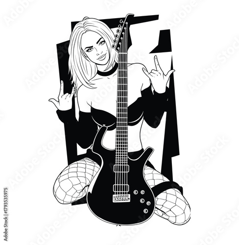 Black and white vector illustration of a sexy rock girl in fishnets kneeling with an electric guitar and making a horns hand gesture