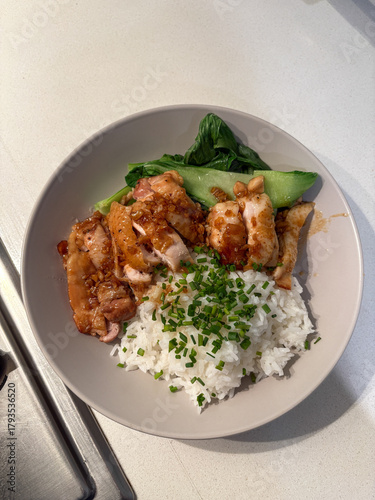 Freshly cooked chicken fillet with steam rice.