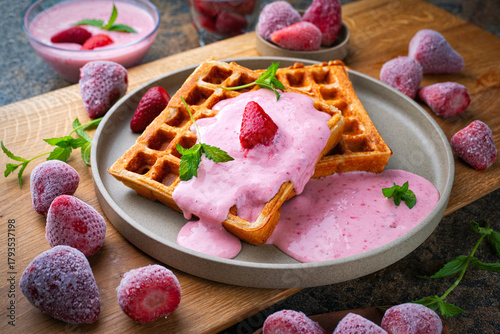 Εκτύπωση καμβά Fresh baked homemade Belgian Brussels waffles with yogurt fresh cream cheese top