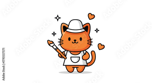 Cartoon cat painter with brush and artistic accessories on white background