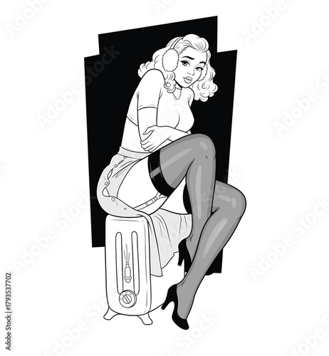 Black and white retro pin-up illustration of a cold woman in lingerie and stockings sitting on a vintage heater