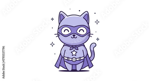 Cartoon cat superhero illustration with stars and a white background