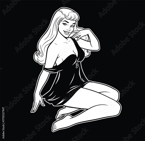 Black and white retro pin-up girl in a nightgown sitting and winking, vector illustration for tattoo or sticker