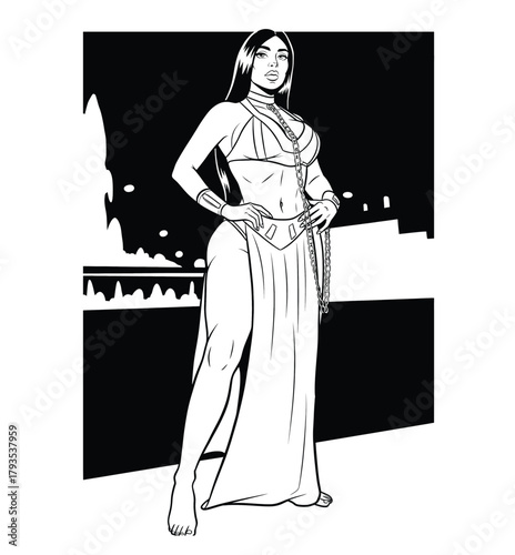 Black and white comic book style vector illustration of a strong, beautiful woman in a fantasy warrior or princess costume.