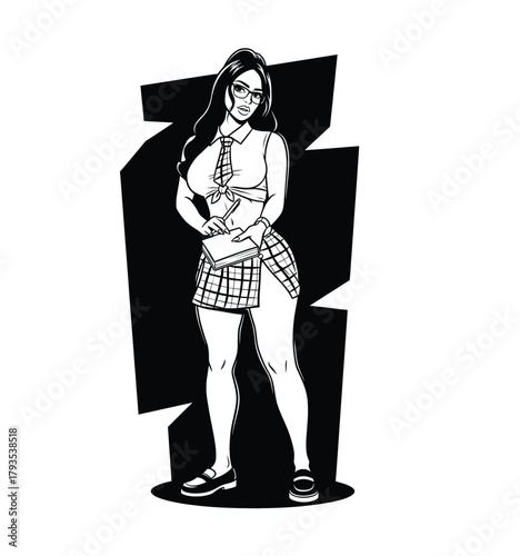 Black and white comic vector illustration of a sexy pin-up woman in a plaid schoolgirl costume with glasses and a book.