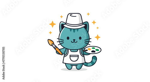 Cartoon cat artist holding paintbrush and palette with starry background