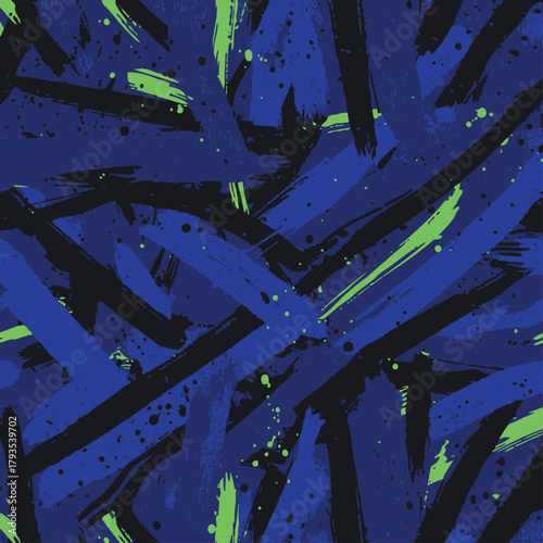 Seamless abstract vector pattern with energetic grunge brush strokes and paint splatters in blue, green, and black