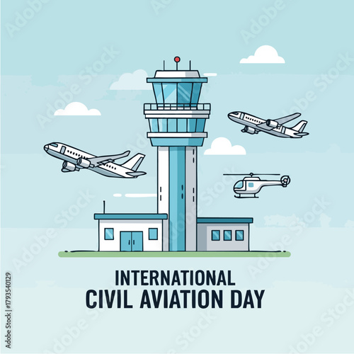 International Civil Aviation Day illustration featuring an air traffic control tower, airplanes, and a helicopter.