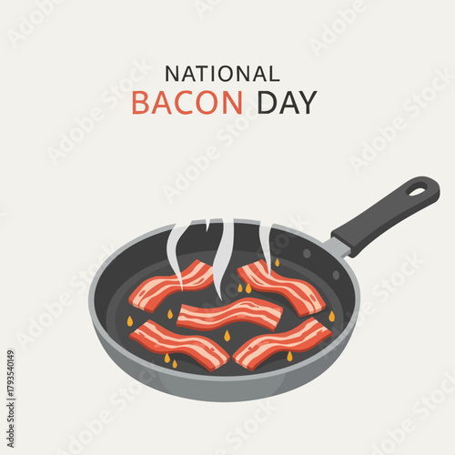 National Bacon Day celebration with sizzling bacon in a pan.