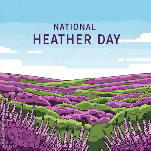 National Heather Day Illustration with Purple Heather Field.