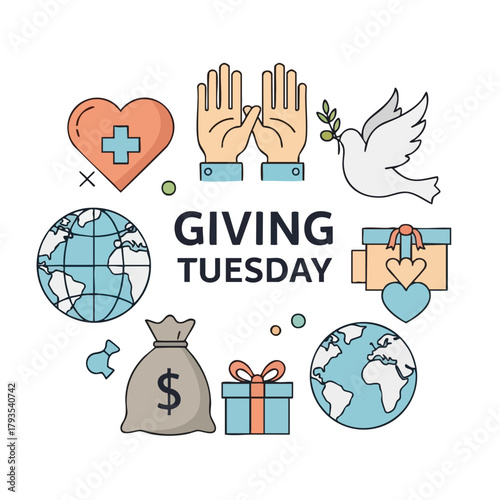Giving Tuesday Illustration with Symbols of Charity and Generosity.
