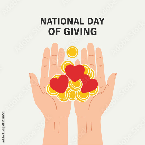 National Day of Giving - Hands Holding Hearts and Coins Illustration.