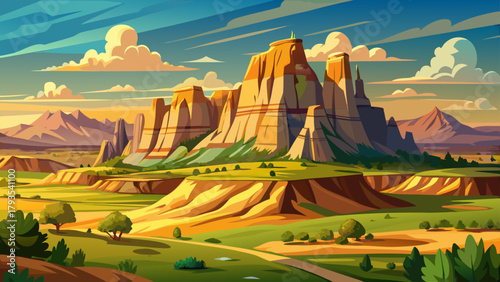 Very beautiful view of Scotts Bluff National Monument, located west of the city of Gering in western Nebraska, United States, featuring towering sandstone bluffs rising from the plains, expansive gras