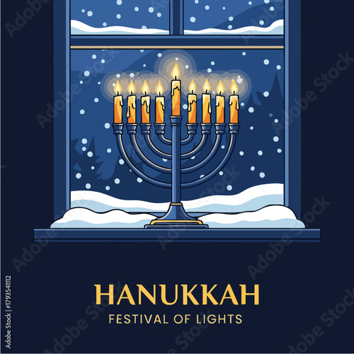 Hanukkah Menorah with Lit Candles in Window on Snowy Night.