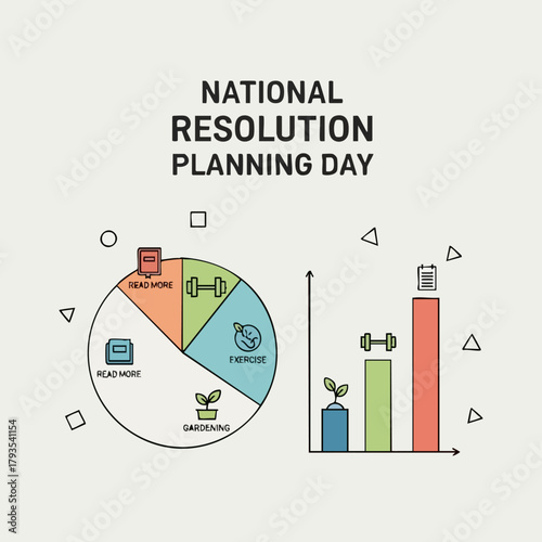 National Resolution Planning Day illustration with pie chart and bar graph.