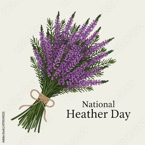 A vibrant bouquet of purple heather flowers tied with twine.
