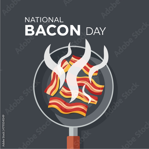 National Bacon Day illustration featuring sizzling bacon strips in a pan.