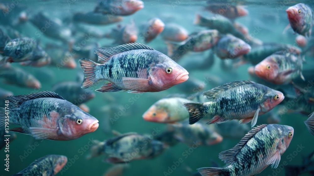 Fototapeta premium Many tilapia swimming in the pond during feeding Aquaculture period