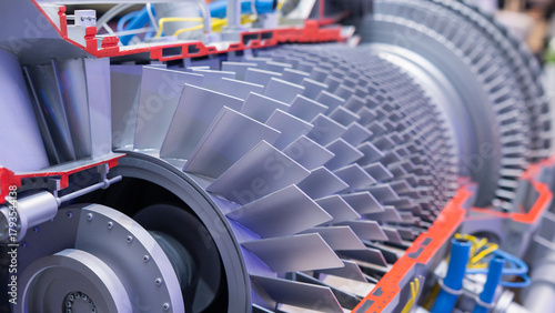 Close-up of a gas turbine engine model. 