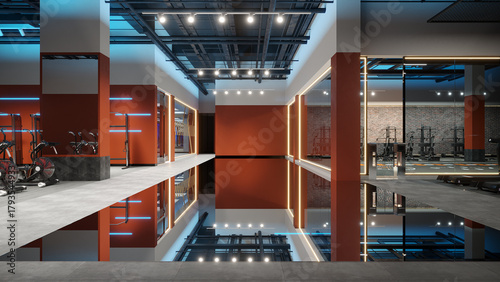 Принти на полотні Modern gym interior with red and gray walls, mirrored reflections, and industrial ceiling lighting