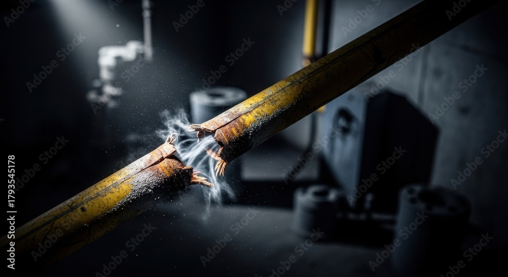 Naklejka premium Broken yellow pipe with smoke and rust. Industrial failure or accident concept. Deterioration and damage in a dark environment.