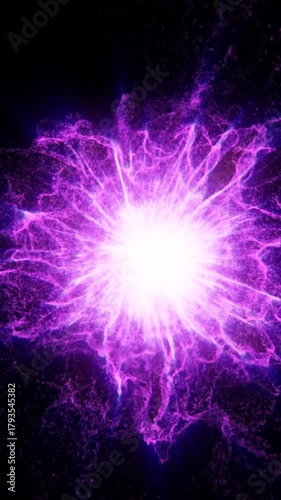 Bright violet energy burst radiating electric glowing particles outward into dark space