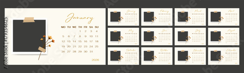 Elegant 2026 Monthly Calendar Template Photo Frames Set week starts on Monday. Yearly planner with delicate floral elements