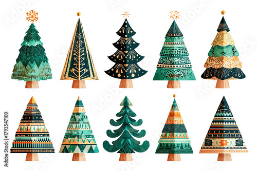 Set of decorative Christmas trees in modern geometric style