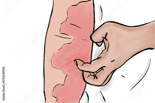 arm with dermatitis on the skin being scratched with the opposite hand, injuring the skin