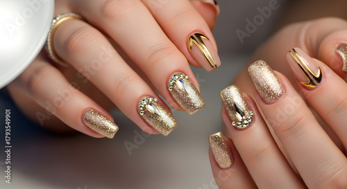 Stylish gold nail art showcasing intricate designs and luxurious embellishments in a beauty salon setting