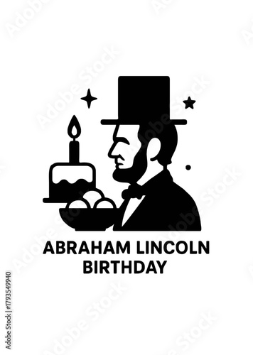 Abraham Lincoln birthday icon with historical portrait, cake, candle, and celebratory elements for commemorative holiday design

