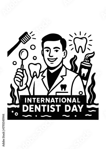 International Dentist Day icon featuring dentist, dental tools, toothbrush, toothpaste, and tooth symbols for oral health promotion
