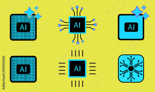 AI chip and processor icon set for artificial intelligence technology, neural networks, and digital computing. Modern line art symbols for tech, data, and innovation concepts on isolated background