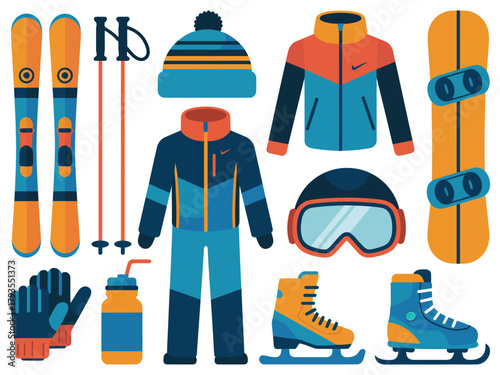 Winter Sports Gear Set, Skis, Snowboard, and Apparel, Flat Vector Design, Mountain Adventure Equipment, Snow Sports Accessories, Cold Weather Outfit, Extreme Sports Gear, Skiing and Snowboarding Illus