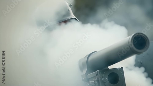 Gunner amidst chaos, Weapon discharged amidst thick smoke and recoil